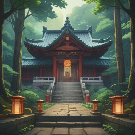 A serene illustration of Hirakawa Tenmangu Shrine, surrounded by lush greenery, ethereal light filtering through the trees, traditional Japanese architecture, mystical atmosphere, people receiving blessings, peaceful ambiance, vibrant shinto symbols, 4k
