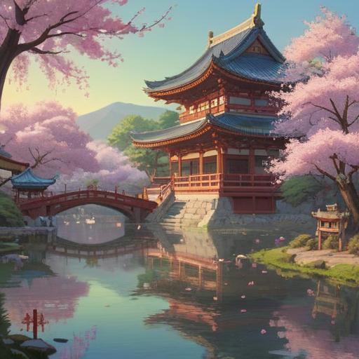 A serene landscape of Heian Shrine, soft morning light filtering through cherry blossoms, tranquil pond reflecting the shrine's grandeur, spiritual symbolism of harmony and peace, traditional Japanese architecture, gentle breeze rustling leaves, vibrant colors, peaceful atmosphere, deep cultural significance, 4k