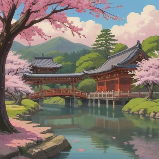 A serene and mystical scene at Heian Shrine, showcasing the tranquil gardens and traditional architecture, ethereal light filtering through cherry blossom trees, a sense of peace and spirituality in the atmosphere, visitors meditating and reflecting, vibrant colors, harmonious nature, inviting pathways, 4k