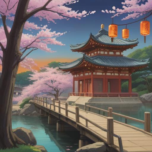 A serene and mystical scene at Heian Shrine, tranquil gardens with vibrant cherry blossoms, Shinto architecture, glowing lanterns illuminating the pathway, subtle spiritual symbols in the surroundings, an ethereal atmosphere, soft glow of twilight, visitors engaged in meditation, 4k