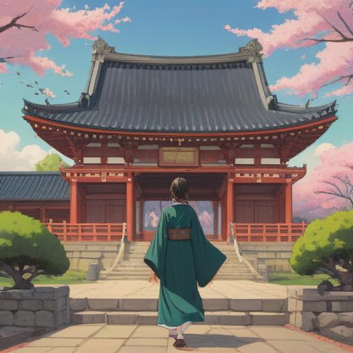 A serene and peaceful scene of a visitor standing in front of Heian Shrine, adorned with traditional Japanese architecture, cherry blossoms gently falling, a glowing lucky charm in their hand, sunlight filtering through the trees, vibrant colors, tranquil atmosphere, rich cultural elements, 4k