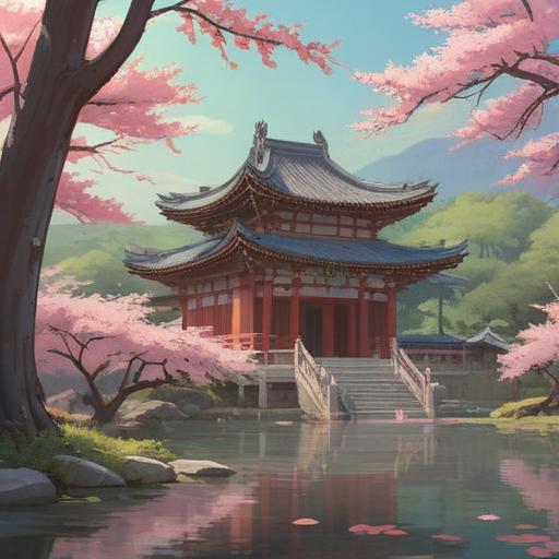 A serene depiction of Heian Shrine, surrounded by blooming cherry blossoms, a gentle breeze carrying the fragrance of happiness, soft sunlight filtering through the trees, visitors enjoying the peaceful ambiance, traditional Japanese architecture, lanterns glowing softly in the background, tranquil pond reflecting the beauty, harmonious blue skies, 4k