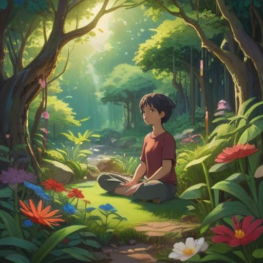 A serene and uplifting illustration of a person meditating in a lush garden, surrounded by vibrant flowers and sunlight filtering through the trees, showcasing a sense of peace and positivity, gentle expressions, soft and warm color palette, harmonious ambiance, detailed foliage, conveying transformation and inner strength, 4k