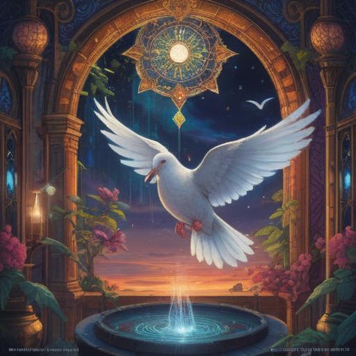 A serene and mystical scene featuring a dove, representing peace and spiritual significance, surrounded by soft glowing light, intricate patterns symbolizing harmony and balance, a tranquil natural setting with gentle colors, ethereal ambiance, detailed depiction of the dove’s feathers, 4k
