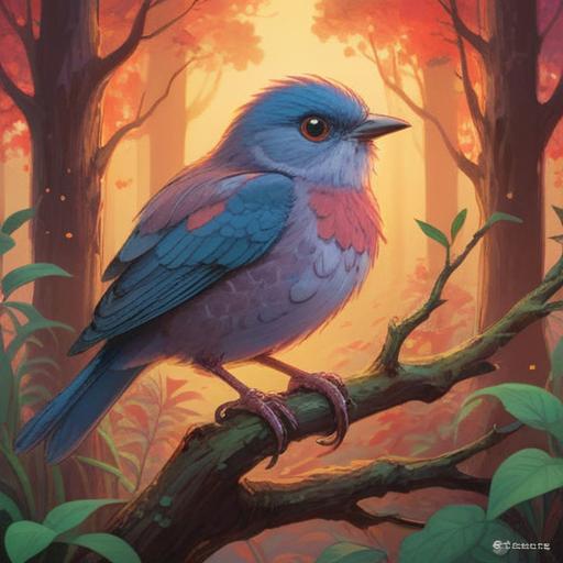 A serene scene depicting a startled little bird with bright eyes, surrounded by vibrant foliage, soft ethereal light filtering through the trees, symbolic elements such as feathers and sparkles, invoking a sense of mindfulness and intuition, tranquility in nature, rich detail and soft focus, magical atmosphere, 4k