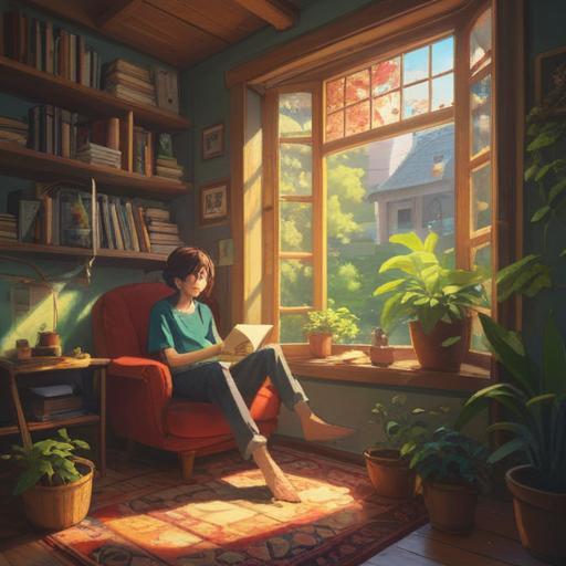 A peaceful scene of a person relaxing at home with their finch, cozy atmosphere, warm sunlight filtering through the window, vibrant greenery in the background, charming decorations representing lucky items, intricate details of the finch's feathers, soft textures, harmonious color palette, inviting ambiance, 4k