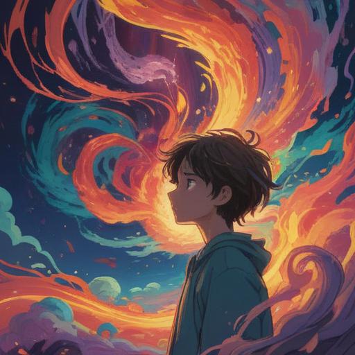 A contemplative scene of a person surrounded by swirling thoughts, colorful aura representing emotions, intricate patterns symbolizing spiritual struggles, an ethereal landscape in the background, serene yet chaotic atmosphere, soft glowing light, mystical elements reflecting inner conflict, 4k