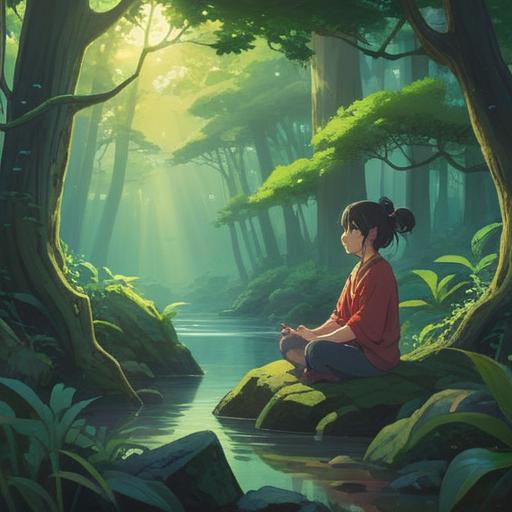 A serene scene depicting a person meditating in a peaceful environment, surrounded by nature, soft light filtering through trees, gentle breeze, releasing paper lanterns into the sky, symbols of letting go, tranquil water reflection, harmonious colors, uplifting atmosphere, 4k