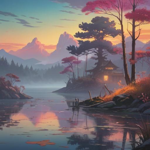 A serene and mystical landscape, an ethereal light illuminating the scene, soft wisps of fog rolling over a tranquil lake, vibrant colors reflecting off the water, a lone figure meditating on a rocky shore, surrounded by ancient trees, a sense of transformation and renewal in the air, harmonious energy flowing, symbolic elements of change and spirituality, tranquil atmosphere, 4k