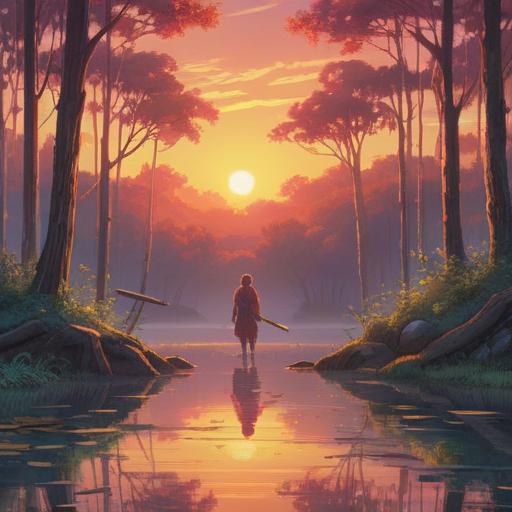 A serene landscape depicting a person in reflection, surrounded by a gentle sunrise, ethereal light filtering through trees, a feeling of tranquility and awareness, symbols of change like falling leaves, subtle energy shifts in the atmosphere, harmony between nature and spirit, 4k