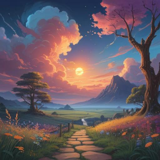 A serene and mystical landscape at dusk, swirling clouds reflecting vibrant colors, ethereal light illuminating a path, symbols of transformation and spiritual awakening, gentle wind rustling through trees, an aura of tranquility and introspection, harmonious blend of nature and spirituality, 4k
