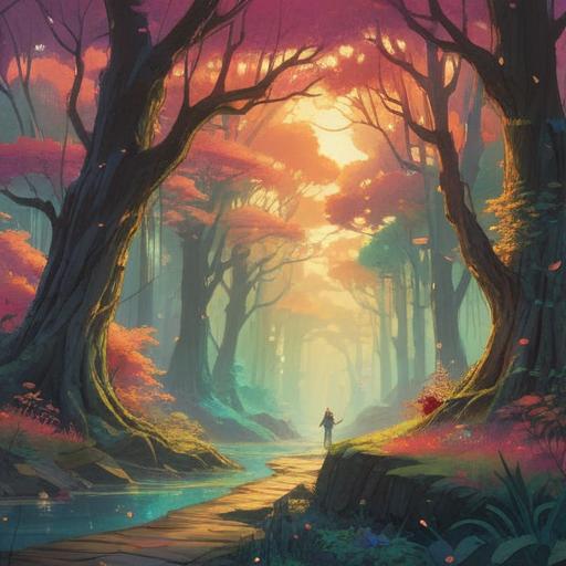 A mystical and serene landscape, ethereal light filtering through the trees, vibrant colors representing emotional shifts, spiritual symbols subtly integrated, a figure meditating in nature, harmonious connection with surroundings, upward energy flow, tranquil atmosphere, 4k