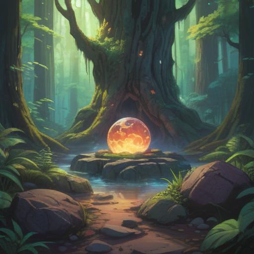 A mystical illustration of a transformed lucky stone, glowing with vibrant colors, surrounded by a serene forest, soft light filtering through the trees, enchanting atmosphere, intricate patterns on the stone, symbols of fortune and change, ethereal creatures nearby, 4k
