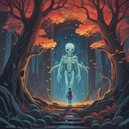 A serene and mystical illustration depicting the concept of splitting bones, spiritual signs, ethereal light, gentle flowing energy, whispers of the past, interconnectedness of life and death, symbolic representations of spirits and guidance, tranquil nature setting, soft mist in the background, 4k