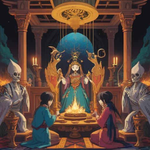 A serene and respectful scene depicting a bone-partitioning ritual, reverent participants in traditional attire, symbolic offerings on an altar, calm and reflective atmosphere, rich cultural details, emotional expressions, the essence of gratitude and remembrance, emphasizing the importance of connecting with ancestors, harmony in nature, soft lighting, 4k