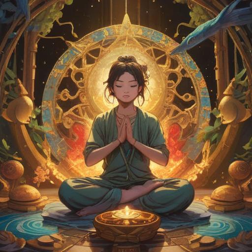 A serene and mystical representation of spiritual abundance, a figure meditating surrounded by symbols of material desire, shimmering golden light reflecting off colorful gemstones, lush nature in the background, ethereal atmosphere, harmonious balance between spirituality and materialism, peaceful expressions, detailed landscape, vibrant colors, 4k