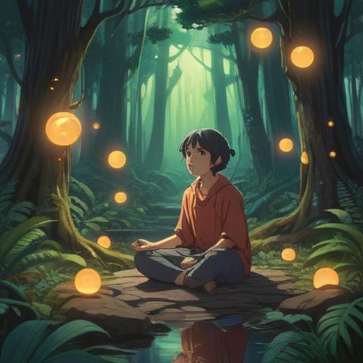 A serene and contemplative scene, a person meditating in a lush forest, surrounded by glowing orbs symbolizing desire and spirituality, warm sunlight filtering through the leaves, a gentle stream flowing nearby, vibrant greenery and colorful flowers, harmonious connection between material and spiritual realms, peaceful expression, 4k