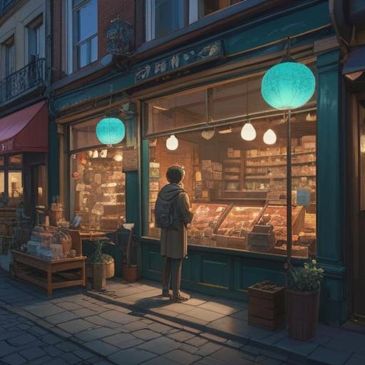A serene and contemplative scene, a person gazing thoughtfully at a shop window filled with enticing objects, surrounded by ethereal light orbs, subtle spiritual symbols appearing in the air, reflecting inner desires and cautionary vibes, rich in detail and emotion, illustrating the theme of material cravings and spiritual awareness, 4k