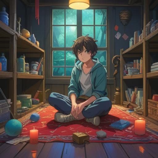 A serene and introspective scene, a person sitting cross-legged on a tranquil floor, surrounded by various objects representing material desires, calm expression, soft natural light filtering through a window, organized clutter and minimalistic decor, symbolic items like books, gadgets, and clothing, a gentle aura of mindfulness and reflection, 4k