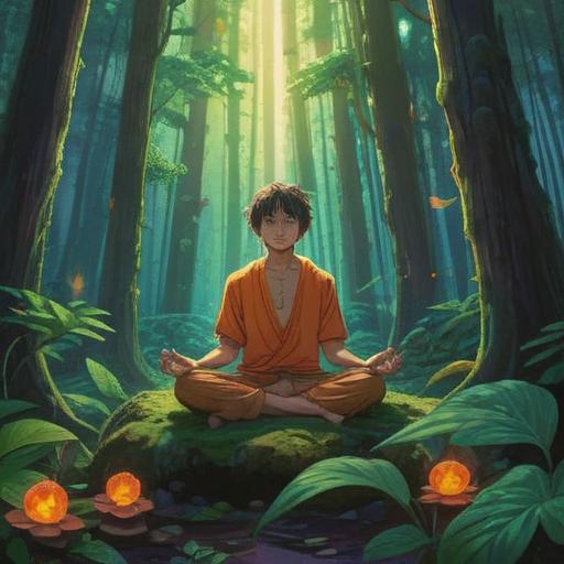 A serene and tranquil scene depicting a person meditating in a lush forest, surrounded by radiant light, symbols of spirituality like chakras and lotus flowers gently floating in the air, a sense of peace and contentment, nature's beauty embraced, reflecting on selflessness and inner peace, soft focus on the surroundings, ethereal atmosphere, 4k