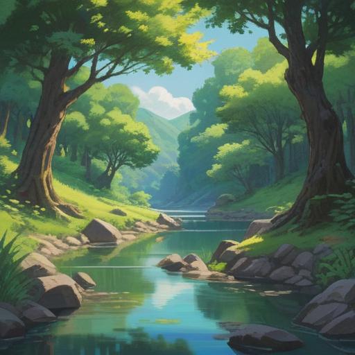 A serene and peaceful landscape representing a mind free from material desires, gentle flowing river, lush green trees, soft sunlight filtering through branches, ethereal presence of light, symbols of spiritual growth such as open hands and blooming flowers, harmonious colors, tranquil atmosphere, 4k