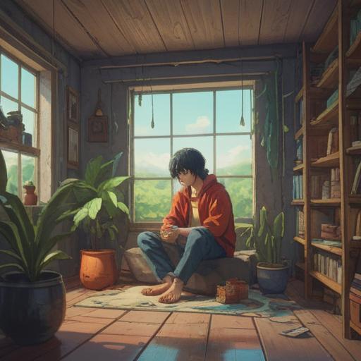 A serene illustration depicting a person sitting peacefully in a minimalist room, surrounded by various lucky items like a simple stone, a small potted plant, and a glowing crystal, warm sunlight streaming through a window, a sense of contentment and tranquility, emphasizing the absence of material desire, harmonious colors, gentle textures, inviting atmosphere, 4k