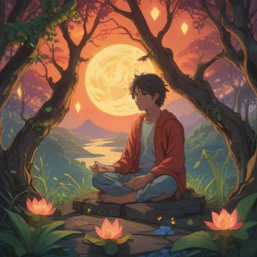 A serene and enlightening scene depicting spiritual growth through material desires, a person meditating amidst nature, surrounded by glowing symbols of abundance, vibrant colors representing various desires, ethereal light illuminating the environment, a sense of peace and fulfillment, 4k