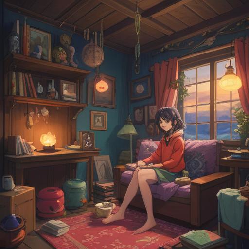 A serene and thoughtful illustration depicting a person sitting peacefully in a cozy room filled with various objects symbolizing desire and ambition, surrounded by books, art supplies, and personal mementos, reflecting a blend of mindfulness and appreciation for possessions, warm lighting, inviting ambiance, introspective mood, soft focus, 4k