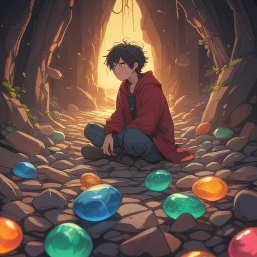 A serene illustration of a person surrounded by a variety of colorful lucky stones, calming energy radiating from the stones, soft light illuminating the scene, peaceful facial expression, relaxing nature setting, gentle flowing water nearby, balanced composition, harmony between the stones and the character, 4k