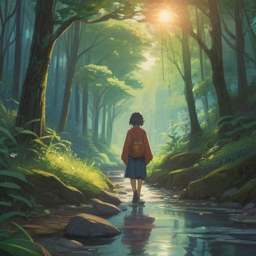 A serene landscape depicting a person standing on a path, soft sunlight filtering through lush trees, gentle flowing stream nearby, symbols of peace and harmony in the air, calming colors, sense of tranquility, representing the journey to regain inner balance, 4k