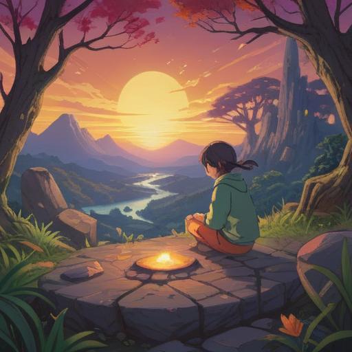 A mystical scene depicting a person discovering a lucky stone, vibrant colors, magical glow surrounding the stone, expression of surprise and hope on their face, detailed natural background with lush greenery, sunlight filtering through trees, sense of rejuvenation and clarity, enchanting atmosphere, 4k