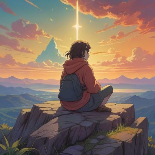 A mystical and serene illustration depicting the spiritual meaning of forgetting, soft ethereal glow, a person sitting cross-legged on a mountain top, surrounded by floating luminous orbs symbolizing memories, gentle breeze flowing through, calming nature elements like trees and clouds, a sense of release and lightness, peaceful and reflective atmosphere, harmonious colors, 4k