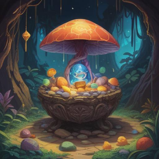 A whimsical illustration of a lucky stone, vibrant colors, featuring various small items being forgotten around it, enchanting atmosphere, magical glow emanating from the stone, detailed textures, serene nature setting, capturing the essence of memory and forgetfulness, 4k