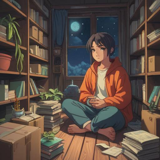 A serene and motivational illustration, tranquil colors, calm environment, focused mindset, visualization of organized space, relaxed figure meditating amidst boxes, bright sunlight filtering through a window, gentle breeze, inviting atmosphere, 4k