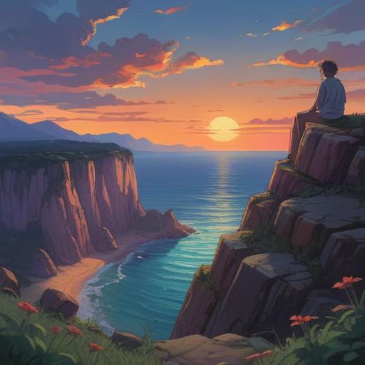 A serene and contemplative scene depicting a person sitting on a cliff, gazing at a vast ocean under a twilight sky, representing feelings of longing and incompleteness, soft waves lapping at the shore, ethereal colors blending in the sunset, gentle breeze, symbolic elements like a feather floating, tranquil atmosphere, introspective expression, deep connection to nature, 4k