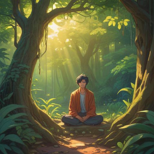 A serene and introspective scene, a person meditating under a lush tree, gentle sunlight filtering through leaves, a sense of peace and acceptance, surrounded by symbols of growth and transformation, soft ethereal glow, nature elements representing balance and harmony, inviting atmosphere, 4k