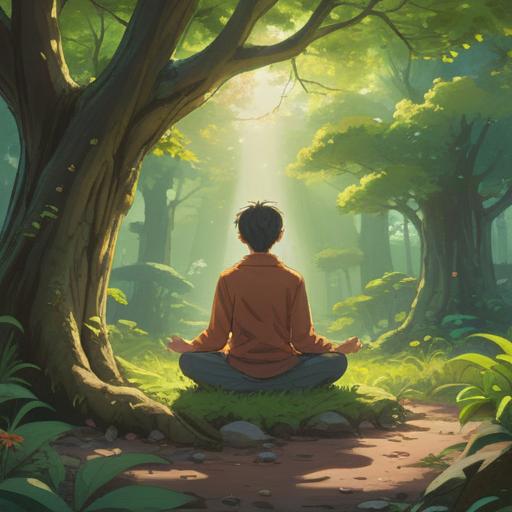 A serene landscape depicting a person meditating in a tranquil garden, sunlight filtering through the trees, gentle breeze rustling the leaves, colorful flowers blooming around, a clear blue sky overhead, a sense of calm and renewal, peaceful ambiance, soft textures, 4k