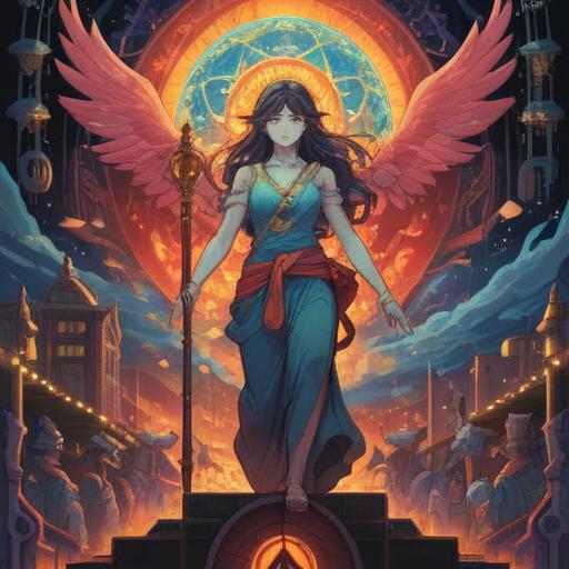 A thought-provoking illustration depicting a contrast between materialism and spirituality, vibrant colors, symbolic imagery including scales of justice and spiritual icons, a busy urban landscape merged with serene nature, intricate details showcasing the struggle for balance, 4k