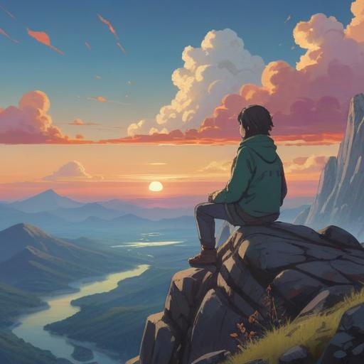 A serene and introspective scene, a figure sitting alone on a mountain peak, gazing at a vast, cloudy sky, representation of emotional emptiness and spiritual disconnect, subtle colors reflecting a muted mood, gentle winds flowing through, ethereal glow surrounding the figure, nature's tranquility contrasting inner turmoil, peaceful yet contemplative atmosphere, 4k