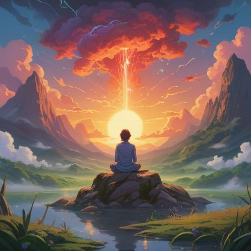 A serene landscape featuring subtle spiritual symbols, ethereal light breaking through clouds, a lone figure meditating in contemplation, nature’s beauty surrounding them, gentle water flow nearby, peaceful energy emanating, whispers of the universe, signs of awakening, tranquility and introspection, harmonious balance