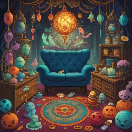A whimsical illustration of lucky items to regain interest, featuring a colorful array of charms and talismans, each representing different passions like art, music, and travel, set against an enchanting backdrop of a vibrant market, warm sunlight filtering through the stalls, inviting atmosphere, intricate details, 4k