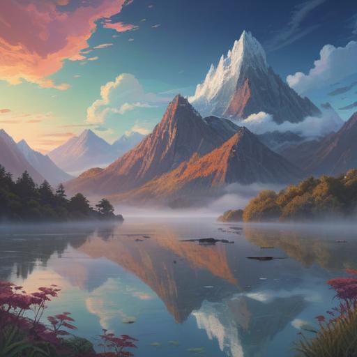 A serene, ethereal landscape depicting stagnation, mist-covered mountains, a tranquil lake reflecting the sky, drifting clouds symbolizing stillness, a lone tree representing growth potential, soft light illuminating the scene, harmonious colors blending together, peaceful atmosphere, metaphysical essence of time standing still, 4k