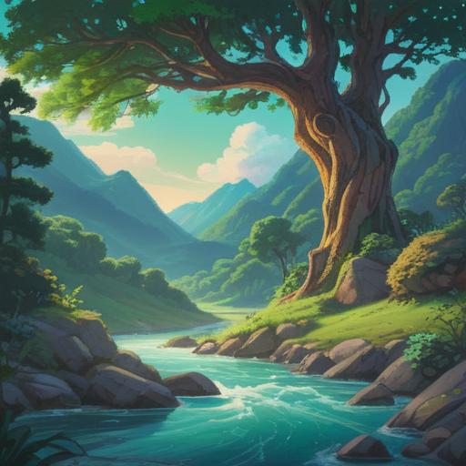 A serene landscape symbolizing spiritual growth through steady stagnation, gentle flowing river representing inner peace, lush green hills under a clear blue sky, soft light illuminating a meditative figure sitting peacefully, harmonious colors reflecting calmness and tranquility, 4k
