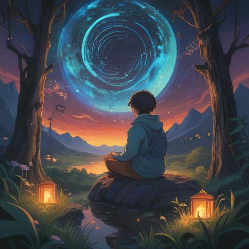 A serene night scene with a lone traveler meditating under a starlit sky, ethereal lights swirling around, symbols of spiritual guidance appearing in the air, a sense of stillness and reflection, tranquil nature surrounding, hints of celestial bodies, captivating colors, 4k