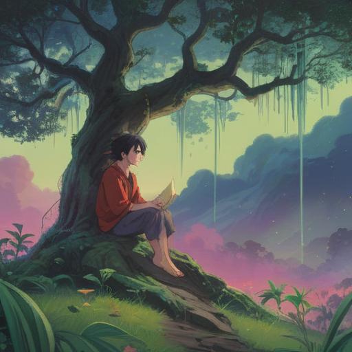 A serene illustration depicting a person sitting under a large, ancient tree, surrounded by swirling mist, soft light filtering through leaves, a sense of introspection, symbols of struggle and hope emerging from the ground, vibrant colors representing emotions, an ethereal atmosphere, 4k