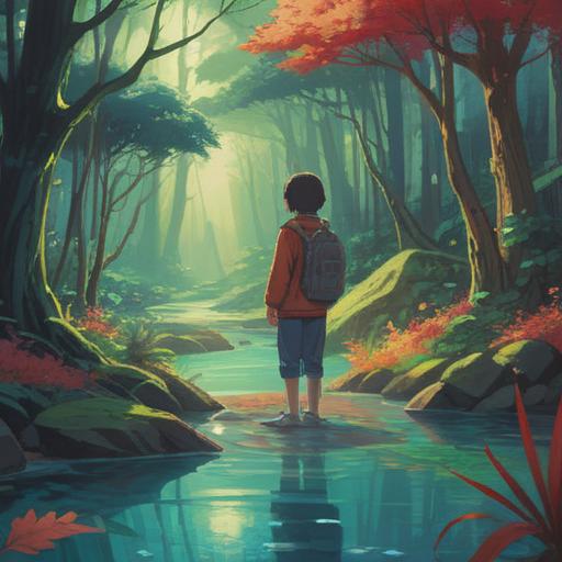 A serene, contemplative scene depicting a person in a natural setting, surrounded by whispering trees and a flowing river, symbols of guidance like feathers and gemstones present, subtle hints of shadowy figures in the background representing spiritual awareness, soft light filtering through the leaves, a sense of introspection and mindfulness, tranquil atmosphere, 4k