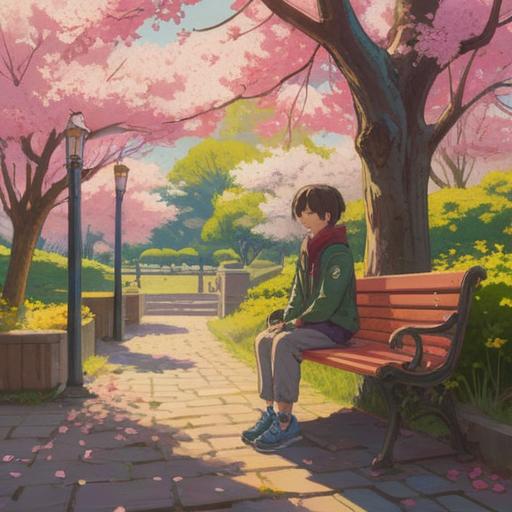 A serene scene depicting a person sitting on a park bench, surrounded by blooming cherry blossom trees, gentle sunlight filtering through the branches, a notebook in their lap with inspirational words written, a friendly dog approaching, conveying warmth and openness, soft smile on the person's face, vibrant colors, tranquil atmosphere, 4k