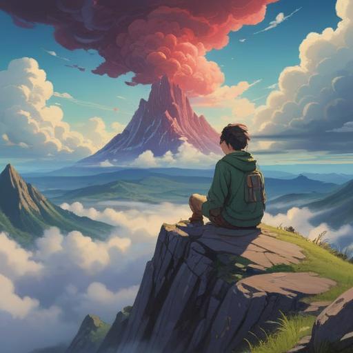 A serene and introspective scene, a person sitting cross-legged on a mountaintop, surrounded by swirling clouds, a gentle glow of light above their head, symbols of frustration and challenges floating away, peaceful expressions, vibrant nature in the background, soft pastel colors, spiritual enlightenment, tranquil atmosphere, 4k