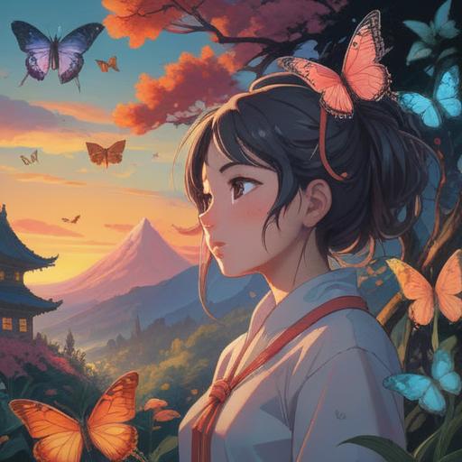 A serene and mystical landscape, soft ethereal light, a figure in contemplation, symbols of caution like butterflies and feathers, a hidden path representing life’s journey, tranquil ambiance, deep connection to nature, 4k