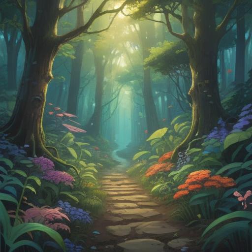 A serene and mystical landscape, a path winding through a dense forest, soft light filtering through the trees, ethereal figures representing spiritual guides, symbols of hope and resilience scattered along the path, a gentle stream reflecting the tranquil atmosphere, a feeling of peace and encouragement, rich colors, 4k